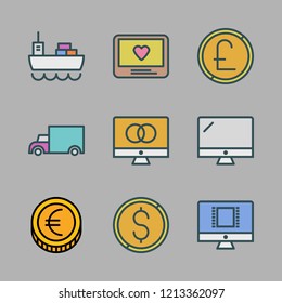 international icon set. vector set about coin, cargo ship, cargo truck and monitor icons set.