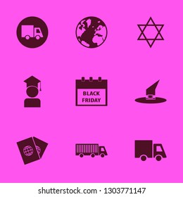 international icon set with witch hat, truck and black friday calendar vector illustration
