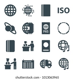 International icons. set of 16 editable filled international icons such as pass control, passport, arrival table, globe, planet and satellite, cpu planet, iso