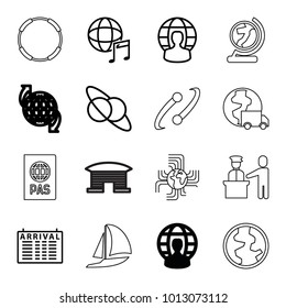 International icons. set of 16 editable outline international icons such as user globe, arrival table, planet and satellite, pass control, passport, airport, globe, sailboat