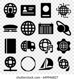 International icons set. set of 16 international filled icons such as passport, arrival table, airport, qround the globe, globe in gear, planet and satellite, cpu planet
