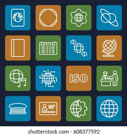 International icons set. set of 16 international outline icons such as pass control, passport, arrival table, airport, globe, qround the globe, international music, ISO
