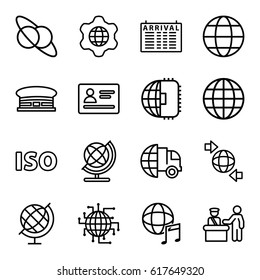 International icons set. set of 16 international outline icons such as pass control, passport, arrival table, airport, globe, qround the globe, ISO, globe in gear