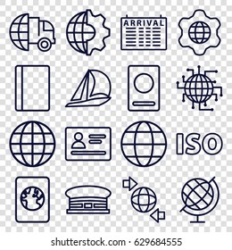 International icons set. set of 16 international outline icons such as passport, arrival table, airport, qround the globe, iso, globe in gear, globe, international delivery