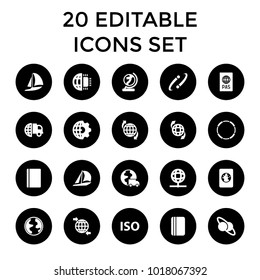 International icons. set of 20 editable filled international icons such as passport, sailboat, planet and satellite. best quality international elements in trendy style.