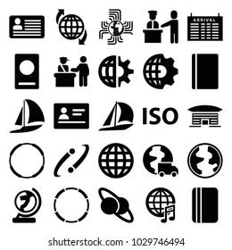 International icons. set of 25 editable filled international icons such as pass control, passport, arrival table, globe, sailboat, hoop, planet and satellite, clobe gear, iso