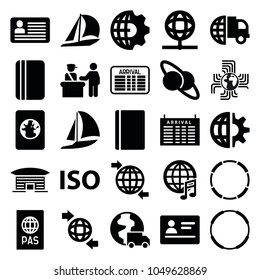 International icons. set of 25 editable filled international icons such as pass control, passport, arrival table, sailboat, hoop, planet and satellite, globe gear