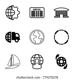 International icons. set of 9 editable filled and outline international icons such as international delivery, qround the globe, clobe gear, user globe, arrival table, hoop