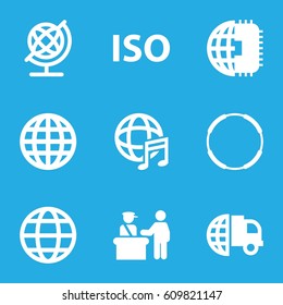 International icons set. set of 9 international filled icons such as pass control, globe, ISO, CPU planet