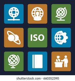 International icons set. set of 9 international filled icons such as pass control, passport, globe, iso, user globe, planet and satellite