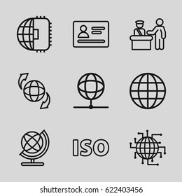 International icons set. set of 9 international outline icons such as pass control, passport, globe, qround the globe, ISO