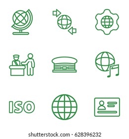 International icons set. set of 9 international outline icons such as pass control, passport, airport, globe, qround the globe, international music, ISO