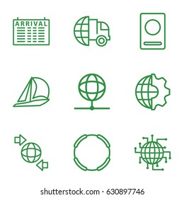 International icons set. set of 9 international outline icons such as passport, arrival table, qround the globe, globe, international delivery, clobe gear, cpu planet, hoop