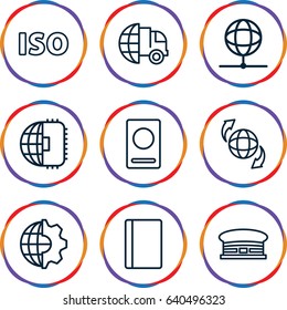 International icons set. set of 9 international outline icons such as passport, airport, qround the globe, iso, globe, international delivery, clobe gear