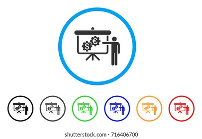 International Industry Presentation icon. Vector illustration style is a flat iconic international industry presentation gray rounded symbol inside light blue circle with black, gray, green, blue,