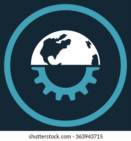 International Industry vector icon. Style is bicolor flat circled symbol, blue and white colors, rounded angles, dark blue background.