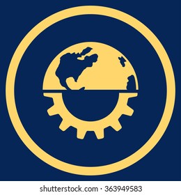 International Industry vector icon. Style is flat circled symbol, yellow color, rounded angles, blue background.