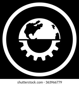 International Industry vector icon. Style is flat circled symbol, white color, rounded angles, black background.