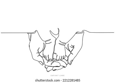 International infant protection day.Child care.Tiny little adorable hands of little baby toddler in mothers hands.Cool Father with kid.Smart and cool parents.Kids protection.Healthcare safety lineart 