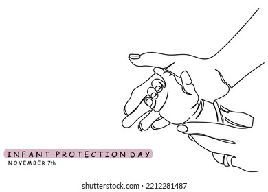 International Infant Protection Day.Child Care.Tiny Little Adorable Hands Of Little Baby Toddler In Mothers Hands.Cool Father With Kid.Smart And Cool Parents.Kids Protection.Healthcare Safety Lineart 