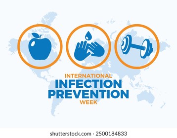 International Infection Prevention Week poster vector illustration. Healthy lifestyle, healthy food, hand washing, exercise round icon set vector. Template for background, banner, card