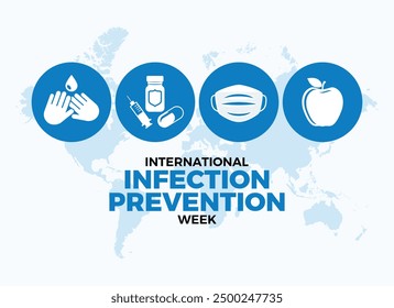 International Infection Prevention Week poster vector illustration. Healthy lifestyle, vaccine, hand washing, respirator round icon set vector. Template for background, banner, card. October each year