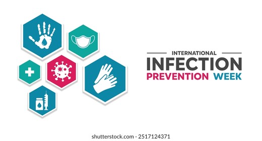 Semana Internacional de Prevenção de Infecções. Vírus, mão, seringa, luvas, mais ícone e máscara. Ótimo para cartões, banners, cartazes, mídias sociais e muito mais. Fundo branco.