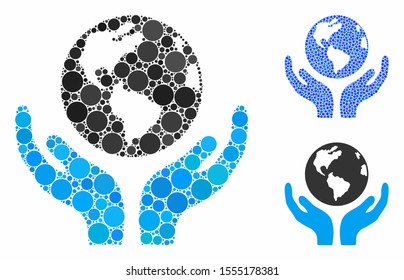 International insurance composition of filled circles in variable sizes and color tinges, based on international insurance icon. Vector filled circles are organized into blue mosaic.