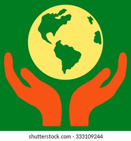 International Insurance vector icon. Style is bicolor flat symbol, orange and yellow colors, rounded angles, green background.