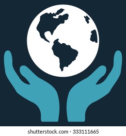 International Insurance vector icon. Style is bicolor flat symbol, blue and white colors, rounded angles, dark blue background.
