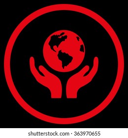 International Insurance vector icon. Style is flat circled symbol, red color, rounded angles, black background.