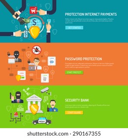 International internet banking malware and hackers protection safeguard system flat  horizontal banners set abstract isolated vector illustration