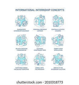 International Internship Concept Icons Set. Abroad Work Opportunity Idea Thin Line Color Illustrations. Submit Application. Personal Program Advisor. Vector Isolated Outline Drawings. Editable Stroke