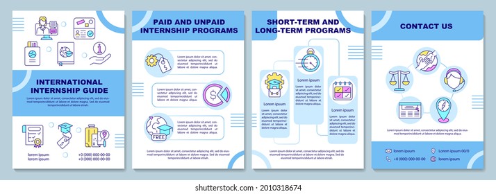 International internship guide brochure template. Unpaid programs. Flyer, booklet, leaflet print, cover design with linear icons. Vector layouts for presentation, annual reports, advertisement pages