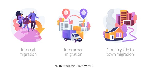 International and interurban human migration metaphors. Changing living location, legal immigration, countryside to town migration. Settling place abstract concept vector illustration set.