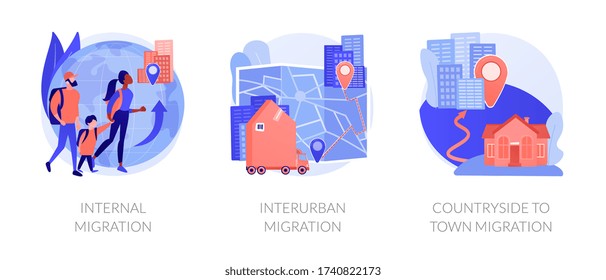 International and interurban human migration metaphors. Changing living location, legal immigration, countryside to town migration. Settling place abstract concept vector illustration set.