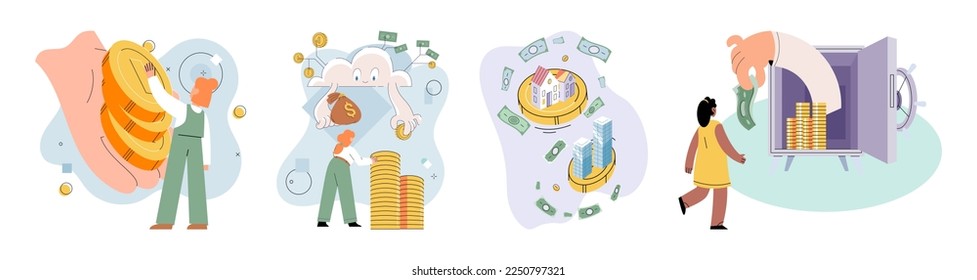 International investment company, money bills and coins fly around world. Global economy financial system vector set. Loan of money made by investor for purpose of earning interest. World cash flows
