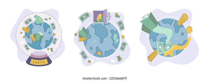 International investment company, money bills and coins fly around world. Global economy financial system vector set. Loan of money made by investor for purpose of earning interest. World cash flows