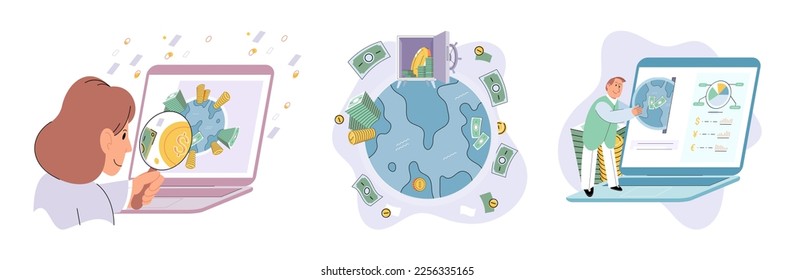 International investment company, money bills and coins fly around world. Global economy financial system vector set. Loan of money made by investor for purpose of earning interest. World cash flows