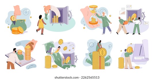 International investment company, money bills and coins fly around world. Global economy financial system vector set. Loan of money made by investor for purpose of earning interest. World cash flows