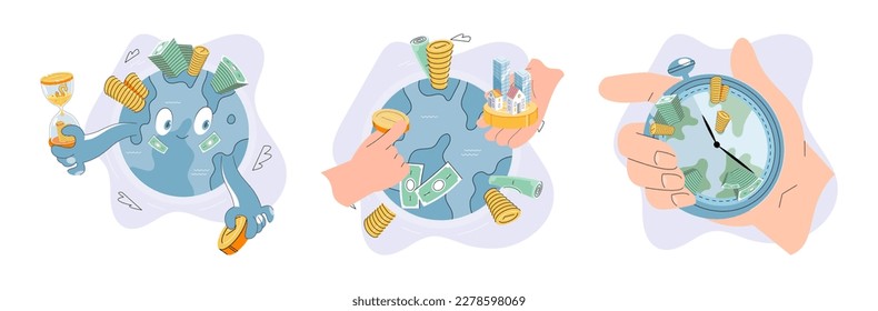 International investment company, money bills and coins fly around world. Global economy financial system vector set. Loan of money made by investor for purpose of earning interest. World cash flows