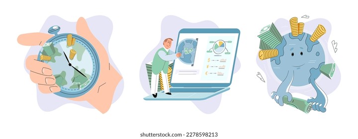 International investment company, money bills and coins fly around world. Global economy financial system vector set. Loan of money made by investor for purpose of earning interest. World cash flows