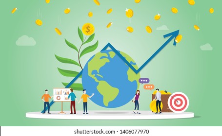 international investment concept with big globe and graph chart and money with team people - vector