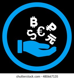 International Investment rounded icon. Vector illustration style is flat iconic bicolor symbol, blue and white colors, black background.