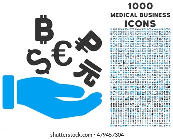 International Investment Vector Bicolor Icon With 1000 Medical Business Icons. Set Style Is Flat Pictograms, Blue And Gray Colors, White Background.