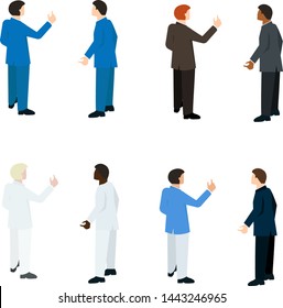 International isometric men staying. Set of the people: doctor, teacher, businessman, artist. Vector collection of men in perspective, which are talking, discussing and watching.