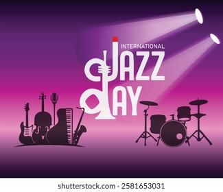  International Jazz Day banner of music band instruments. Banner, poster, card, postcard, placard, background design.