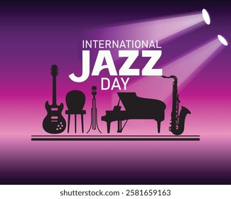  International Jazz Day banner of music band instruments. Banner, poster, card, postcard, placard, background design.