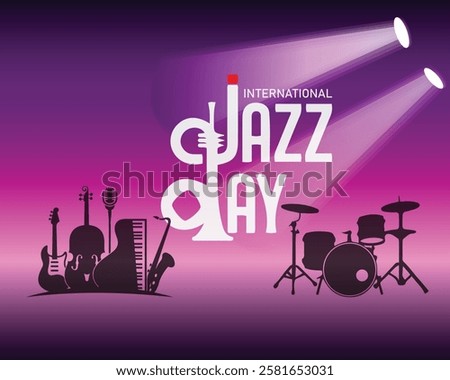  International Jazz Day banner of music band instruments. Banner, poster, card, postcard, placard, background design.