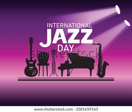  International Jazz Day banner of music band instruments. Banner, poster, card, postcard, placard, background design.